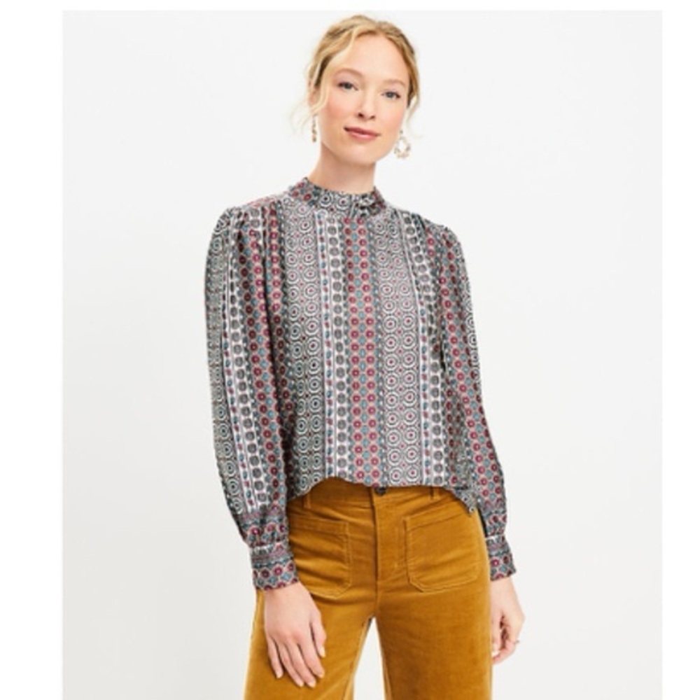 LOFT Geometric Print Blouse - tie back burgundy, grey, light blue hues.